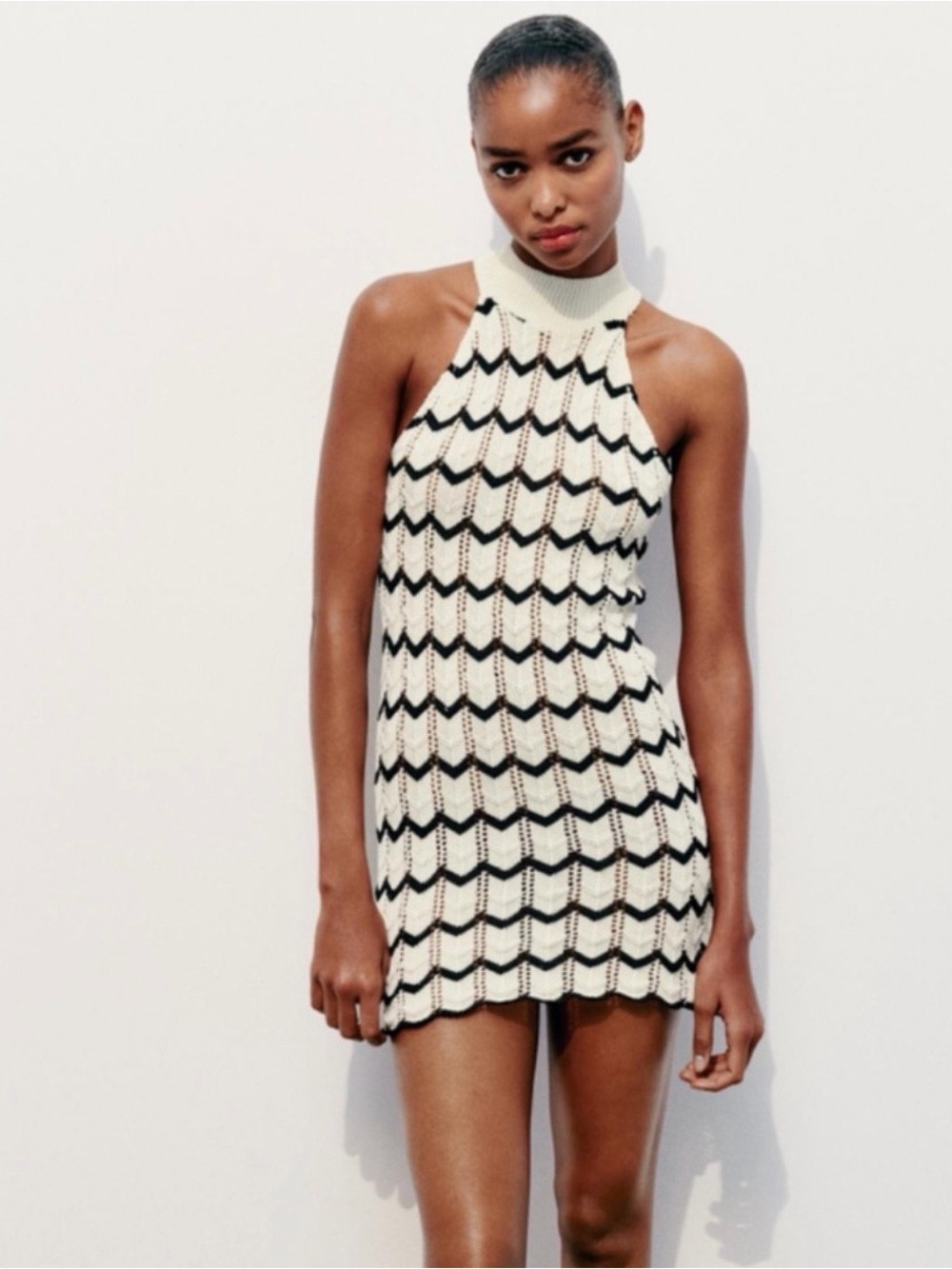 Zara Sleeveless Halter Knit Mini Dress in Cream and Black